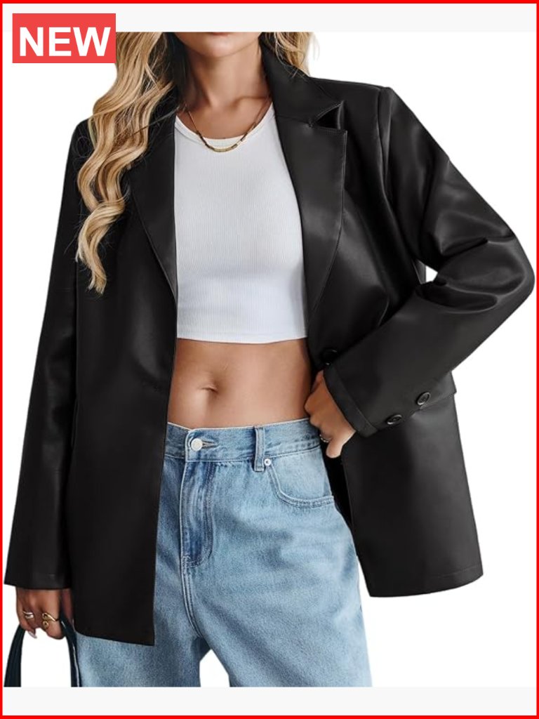 Faux Leather Oversized Bomber Blazer Button Down Jacket With Pockets